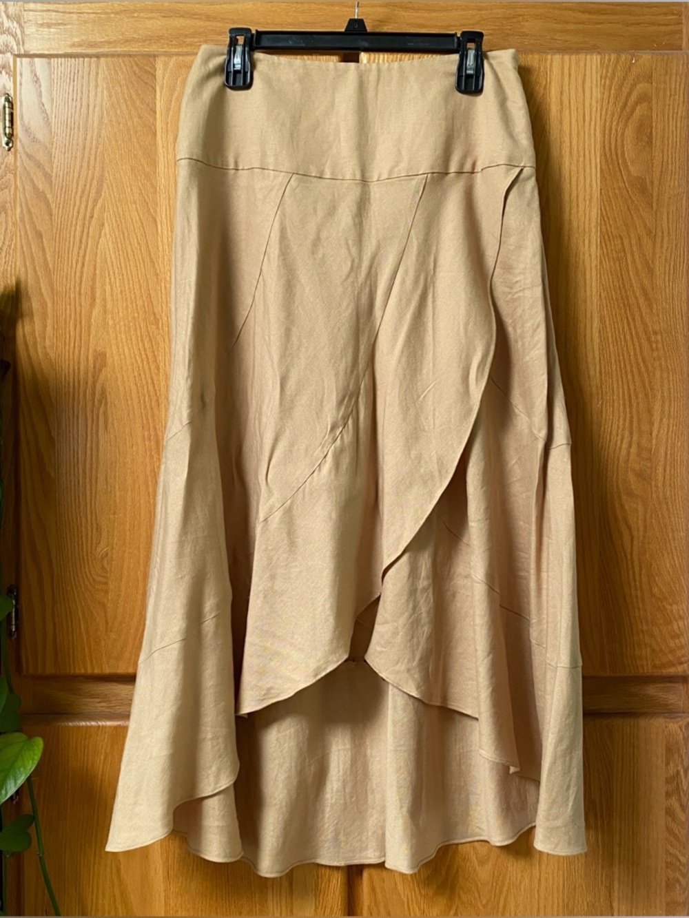 NY Collection Neutral Minimalist Tan Sand Linen Rayon Wrap Midi Skirt S